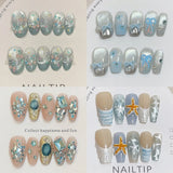 SHOPMOCHO 10Pcs Handmade Nude Color Press On Nails Sparkling Cat-Eye Cherry Star Marine Elements Sequins Cute Girlish Nail Suitable Summer