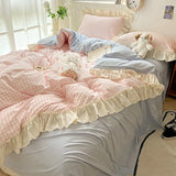 SHOPMOCHO Ruffled Pink Blue Duvet Cover Set Twin Queen Washed Microfiber Ultra Soft Bedding set Grid Duvet Cover Bed Sheet 2 Pillowcases