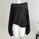 SHOPMOCHO Knit Patchwork Sweatshirt Women Loose Casual Long Sleeve Sporty Top Spring Fall Chic Lazy Off Shoulder Harajuku Y2K Coat