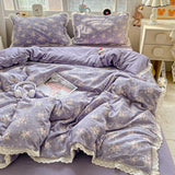 SHOPMOCHO Puple Flower Printed Duvet Cover with Lace Double-layered Yarn housse de couette 220x240 Single/Queen/King Size Comforter Cover