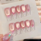 SHOPMOCHO 10pcs Aurora Cat Eye Handmade Press on Nails Pink Cherry Blossom False Nails Crystal Flower Pearl Fake Nails French Coffin Nail