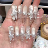 SHOPMOCHO 10Pcs Fashion Gentle Handwork Press On Nails French Style Flowers Butterfly Rhinestone Pearl Design Detachable False Nails Gift
