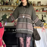 Shopmocho Dourbesty 2000s Vintage Sweater Y2K Women Casual Striped Long Sleeve Round Neck Preppy Style Pullover Tops Retro Grunge Knitwear