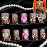 SHOPMOCHO 10PCS Diamond French Pointed Nail Short Square Nail Nude Fake Nail With Gold Glitter Diamond Nail Leopard Print Fake Nail