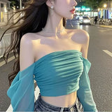 SHOPMOCHO New line shoulder mesh long sleeve T-shirt women with slim-fit hottie sexy explosion street wear short top