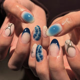SHOPMOCHO 24Pcs Short Almond Fake Nails Butterfly Wings Nail Art with Glue Glitter Flower False Nails Acrylic Autumn Winter Press on Nail