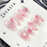 Shopmocho 24pcs Wearable False Nail Strawberry Bow Design Nails Tips Red Short Almond Pearl Starlight Fake Nail Art Flower Press on Nails