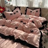 SHOPMOCHO Ins Pink Bow Bedding Set Ruffles Duvet Cover Set Flat Sheet Set Women Girls Princess Bed Linen Set Single Twin Queen Bedclothes