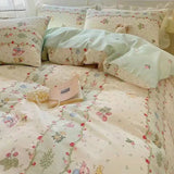 SHOPMOCHO Fashion Floral Duvet Cover Set with Flat Sheet Pillowcase No Filler Girls Twin Full Queen Size Korean Soft Bedding Set