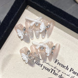 Shopmocho 10Pcs Reuse Finished Fake Nails with Butterfly Deisgn Pink Cat's Eye French Handmade Press on False Nails Wearable Nail Art Tips