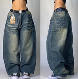 SHOPMOCHO American New Fashion Oversized Pattern Printed Washed Jeans Men Y2K Gothic Rock Popular Casual Joker High Waist Wide Leg Pants