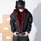 SHOPMOCHO American Dark Gothic Streetwear Cropped Hooded Jacket Men Women Red Faux Fur Lined Oversized Zip Up Rivet Winter Outerwear