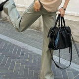 SHOPMOCHO Retro New Belt Design Pocket Gray Women Work Pants Fashionable High Street Harajuku Loose Straight Leg Floor Pants