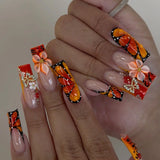Shopmocho 24pcs Fresh Long Coffin Fake Nails Yellow French Style Flower Printed Metal Butterfly Designs Press On Nails Summer False Nail