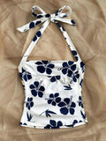 Shopmocho Ladies Summer Beach Style Knitted Floral Print Halter Top Slim Fit Sexy Pleated Waist Youthful  Vacation Top