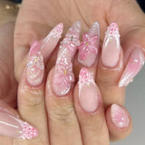 SHOPMOCHO 24Pcs Pink Almond False Nails Butterfly Ballet with French Design Wearable Fake Nails Simple Artificial Press on Nails Tips Art