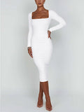 Shopmocho Autumn and Winter Women Sexy Bodycon Dress Square Neck Long Sleeved Ladies Evening Dresses