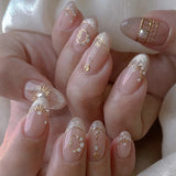 Shopmocho 24Pcs Almond Pure Handmade Press On Nails Full Cover Butterfly French Pearl Diamond False Nails Wearable Manicure Nail Tips Art