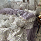 SHOPMOCHO 3/4Pcs Korean Princess Style Floral Ruffles Bedding Set Skin-friendly Soft Duvet Cover Set Bed Sheet Or Bed Skirt Pillowcases