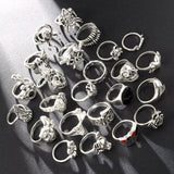 Shopmocho 24Pcs/Set Punk Gothic Rings Sets Silver Color Skeleton Spider Poker Joker Eyes Heart Rings For Men Fashion Hip Hop Jewelry Gifts