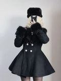 SHOPMOCHO Winter New Japanese Slim Bow Long Sleeve Coat Fashion Elegant Fur Collar Lace Overcoat Women Design Chic Sweet Woolen Cloth Coat