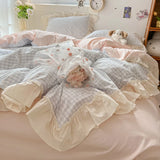 Shopmocho Korean Princess Style Bedding Set Soft Skin-friendly Lattice Lace Ruffles Quilt Cover Plaid Style Duvet Covers Set Pillowcases