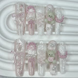 SHOPMOCHO 10PCS Cute Pink Blue Lolita French Lace Handmade Press On Nails 3D Teddy Bear Bow Pearl Fake Nails Sweet Elegant Long Nail Art