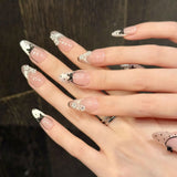 SHOPMOCHO 10pcs Purple Cat's Eye Handmade Fake Nails Tips Glitter Mid-length Oval Press on Nails Art Bow Rhinestone Design False Nail Sets