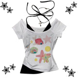 Shopmocho Y2k Aesthetic cute pattern Vintage Basic Tees Ladies Clothes Retro Graphic Top White Short Sleeve Casual T Shirt for Women