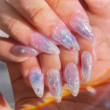 SHOPMOCHO 24Pcs Pink Almond False Nails Butterfly Ballet with French Design Wearable Fake Nails Simple Artificial Press on Nails Tips Art