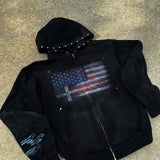 SHOPMOCHO American street retro Union Jack print black loose rivet hat with minimalist design zipper Y2K sweatshirt jacket