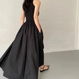 Shopmocho New Summer Simple Elegant Black Long Dresses For Women Round Neck Sleeveless High Waist Temperament Female Fashion Style Dress