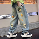 SHOPMOCHO Boys' denim trousers, suitable for spring and autumn, children's pants with cartoon prints, casual style for outdoor street wear