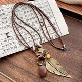 Shopmocho New Chinese Style Feather Leaf Pendant Necklace Vintage Ethnic Double Layered Long Wax Ropse Sweater Chain Jewelry Gift