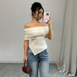 Shopmocho Women 2025 Summer Sexy Irregular White Knitted Top Off-shoulder Pleated Slim Fit Casual  Streetwear T-shirt for women