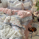 SHOPMOCHO 3/4Pcs Korean Princess Style Floral Ruffles Bedding Set Skin-friendly Soft Duvet Cover Set Bed Sheet Or Bed Skirt Pillowcases