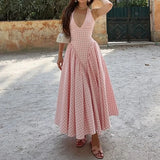 Shopmocho Elegant V-Neck Pleated Long Dresses Women High Waist Summer 2025 French Style Fashion V-neck Backless Lace-up Vacation Vestidos