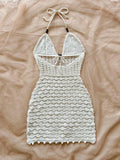 Shopmocho Soleia Summer Sexy V-Neck Hollow-Out Wooden Beads Fitted Dress, Vacation Spaghetti Strap Backless Ombre Knitted Dress, Suitable