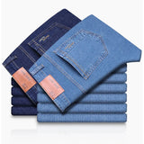 SHOPMOCHO Summer Light Blue Men's Comfort Soft Jeans Thin Straight Business Denim Pants Breathable Cotton Casual Stretch Work Trousers