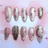 SHOPMOCHO 24pcs Golden Lines Patterns False Nails Dark Purple Blush French Fake Nails for Spice Girls Sweet Cool Almond Ins Nails Press On