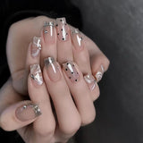 SHOPMOCHO 24Pcs Cat’s Eye Leopard Print Press on Fake Nails Mid-length Ballet False Nails with Rhinestone Detachable Full Cover Nail Tip