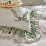 SHOPMOCHO Spring Green Princess Bedding Set Double Layer Lace Bow Quilt Cover Sheet And Pillowcase Simple Pastoral Girl Home Textiles