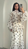 SHOPMOCHO Casual Polka Dot Maxi Dress Women Chic Stand Collar Puff Sleeves See Through Ruffle Vestidos 2026 Female Vacation Party Dresses
