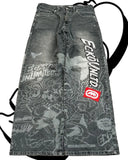 SHOPMOCHO American Fashion Printing Jeans Hip Hop Baggy Cross-legged Jeans Grey Wash Straight Mop Pants Men and Women