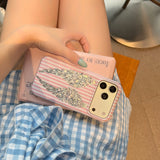 SHOPMOCHO Korean Cute Pink White Stripe Wings Phone Case For iPhone 17 Pro 16 15 Pro Max 17pro 16pro Fashion Shockproof Cover For Girls