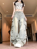 SHOPMOCHO Women's Blue Multi Pocket Cowboy Pants Cargo Y2K Japanese Harajuku Streetwear Aesthetics Retro 90S Jeans Pants Clothing 2025 New