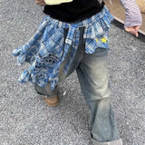 Shopmocho Adjustable Star Layer Outfits Plaid Skirt Hip-hop Sweet Lace Up Hip Scarf Korean Style Y2K Ruffled Edge Waistband Jeans Decor