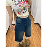SHOPMOCHO American Retro Lace Denim Shorts Women Summer New Fashion Washed Splice Seven-Quarter Wide Leg Jeans Trendy Mid-Length Pants