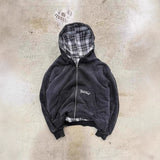 SHOPMOCHO Reversible Plaid American Retro Zipper Hoodie Sweatshirt Mens Womens Casual Plaid Sweatshirt Solid Color Lining Y2K Street Style