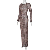 Shopmocho Leopard Print Mesh See Through Sexy Party Club Maxi Dress Outfits Women Autumn Winter Long Sleeve Y2K Streetwear Dress Vestido